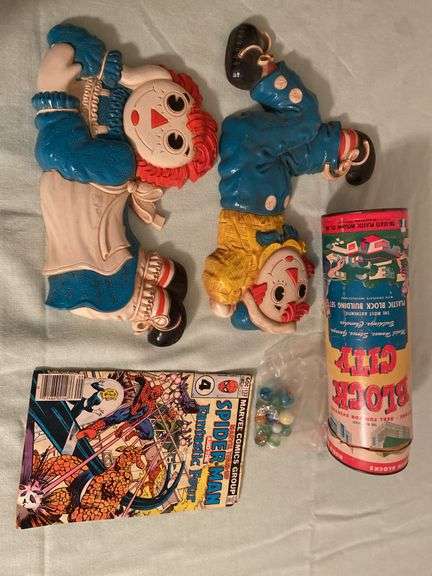Vintage Spider-Man comic,Raggedy Ann and toys