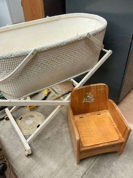 Baby Photographer props. Antique wicker baby bassinet & wooden potty chair.