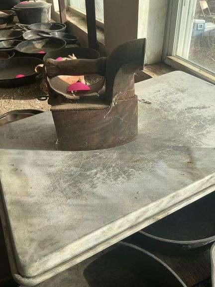 Antique charcoal, coal burning, cast-iron, sad iron with chimney and wooden handle