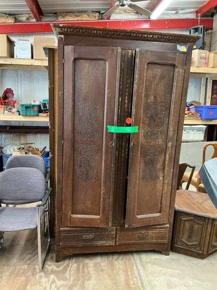 antique four shelf two drawer wood cabinet(44”W X 16”D X 80”)