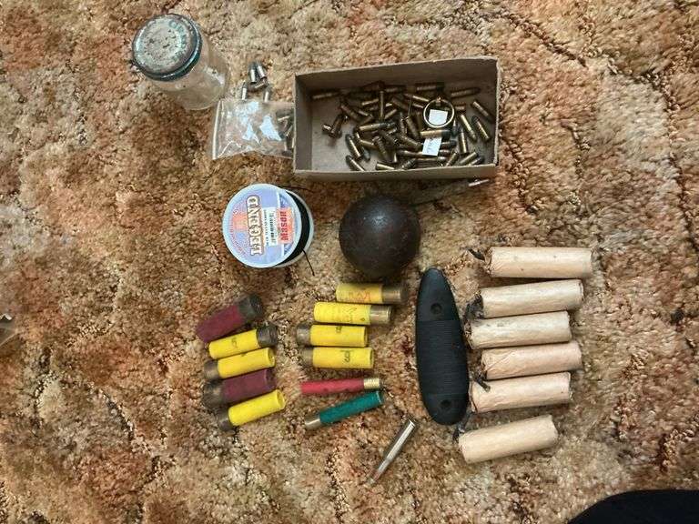 Different gauge shotgun shells, fuses, lead ball weight, fishing string ...