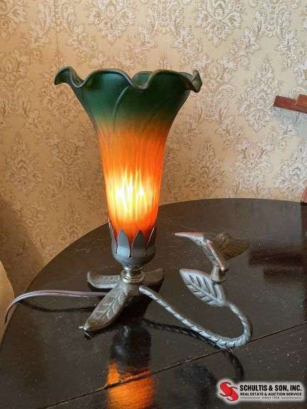 Antique grass desk, lamp with hummingbird and Amber green Lilly lily  shade 8 inches tall