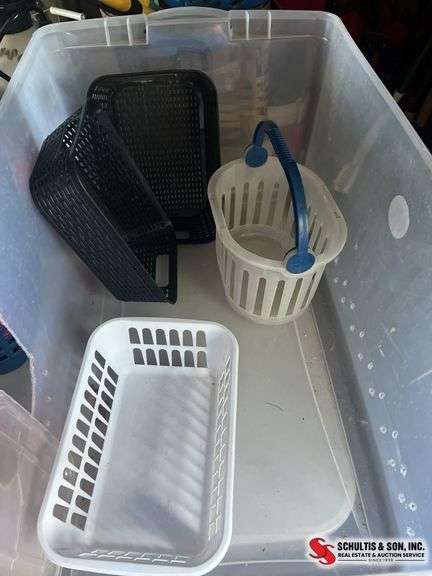 Large tote with plastic containers and storage basket