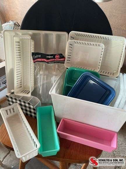 White plastic storage baskets