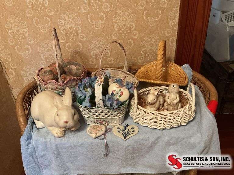 wicker baskets- ceramic baskets- ceramic bunnies- heart shaped ornaments- glittery eggs