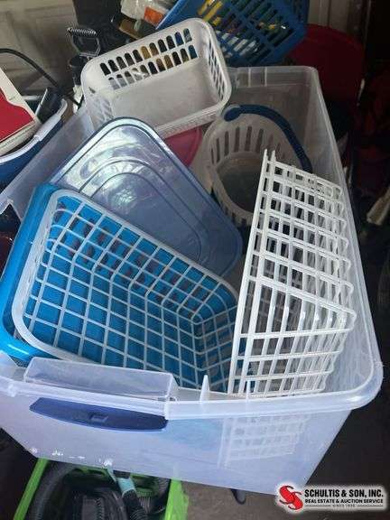 Large tote with plastic containers and storage basket