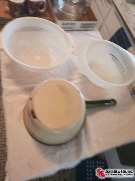 enamel wear pan and two strainers