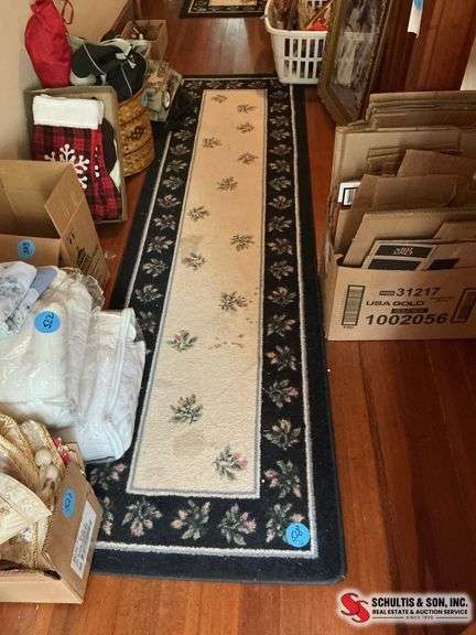 Navy blue and white floral hallway rug (26”X 8’)￼