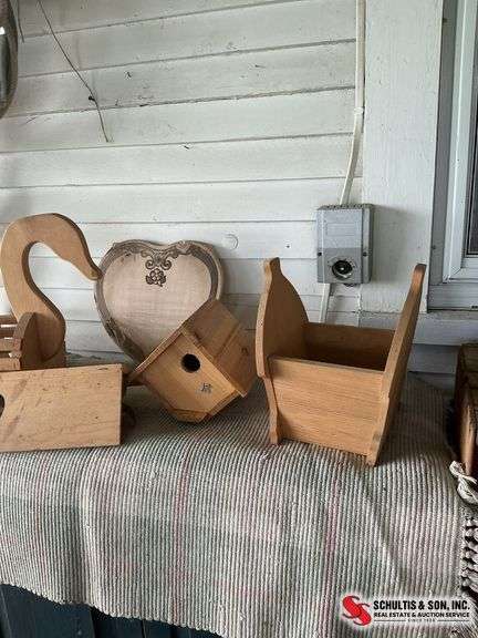 ￼ wood pieces that look like a birdhouse- letter holder- shelf- holder with a duck head and etc that