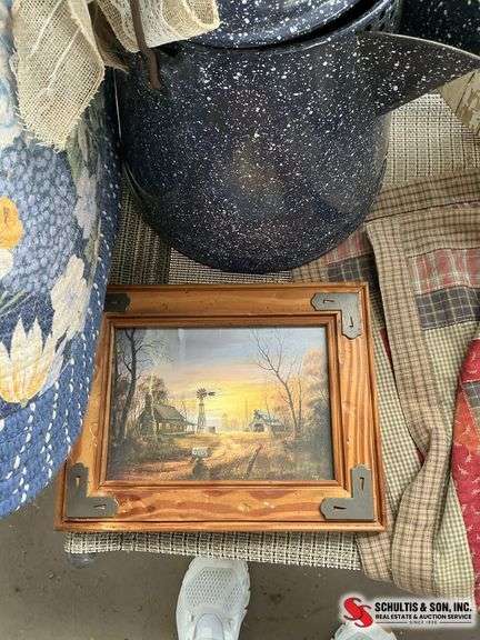 Blue flowered kitchen rug, enamel coffee pot, farm scenery picture, quilted placemats,the coupe chic
