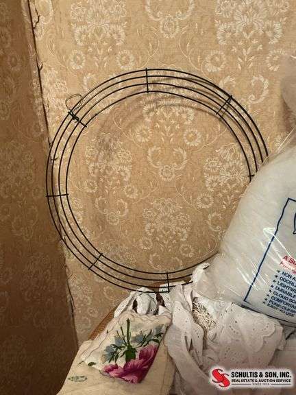 wreath frame- batting- wooden hearts- embroidery hoop- lace- material with lace￼