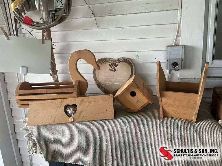 ￼ wood pieces that look like a birdhouse- letter holder- shelf- holder with a duck head and etc that