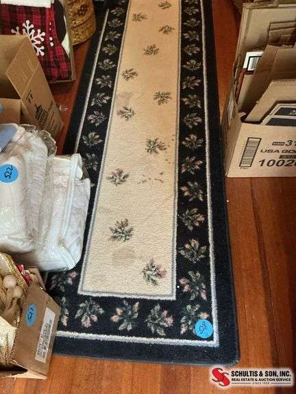 Navy blue and white floral hallway rug (26”X 8’)￼