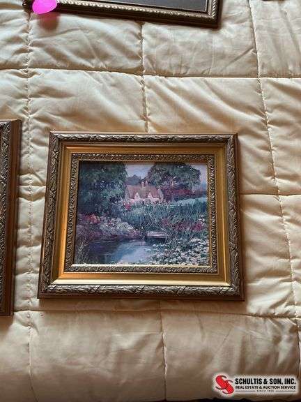 Two cottage style pictures with antique gold frames