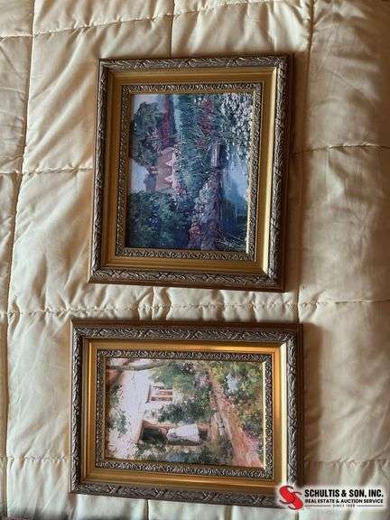 Two cottage style pictures with antique gold frames