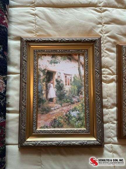 Two cottage style pictures with antique gold frames