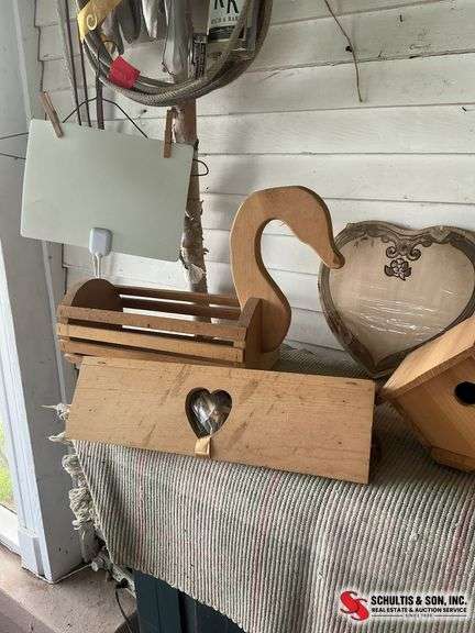 ￼ wood pieces that look like a birdhouse- letter holder- shelf- holder with a duck head and etc that