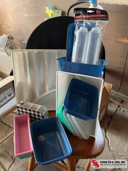 White plastic storage baskets