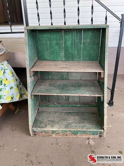 Green rustic shelf with four shelves measure 33 inches tall and 24 3/4 inches long￼ and 16 inch dept