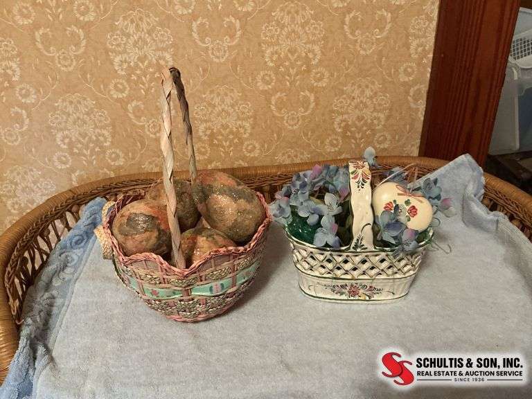 wicker baskets- ceramic baskets- ceramic bunnies- heart shaped ornaments- glittery eggs