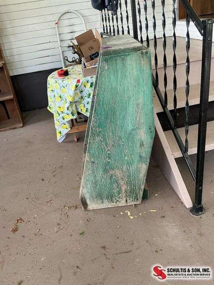 Green rustic shelf with four shelves measure 33 inches tall and 24 3/4 inches long￼ and 16 inch dept
