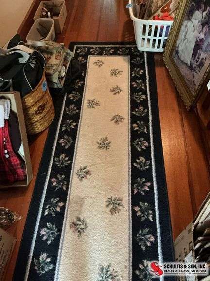 Navy blue and white floral hallway rug (26”X 8’)￼