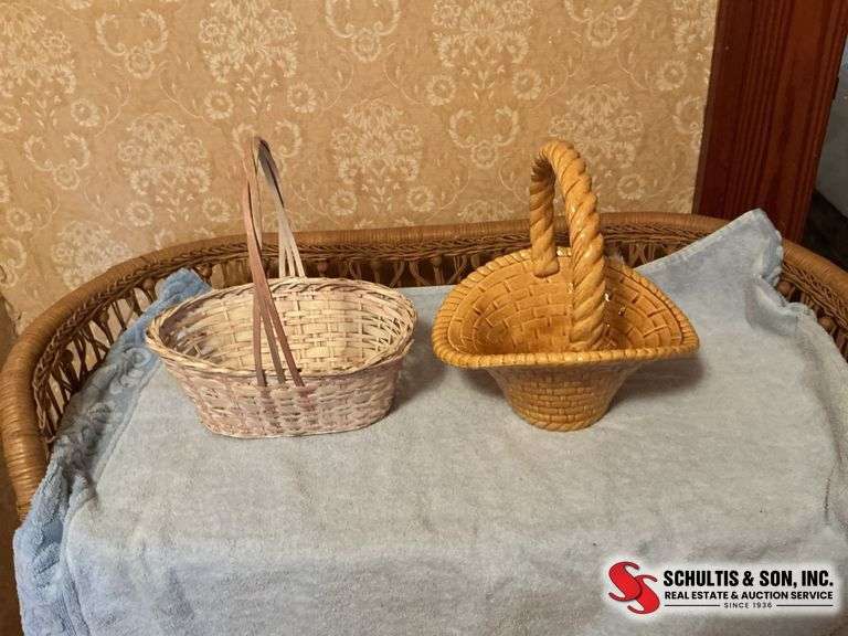 wicker baskets- ceramic baskets- ceramic bunnies- heart shaped ornaments- glittery eggs