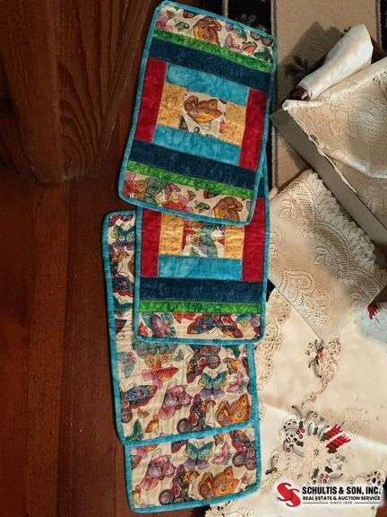 Place mats- dolies- holiday tablecloths- table runners- round table with coverings and glass (20”X 2