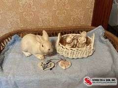wicker baskets- ceramic baskets- ceramic bunnies- heart shaped ornaments- glittery eggs