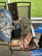 Blue flowered kitchen rug, enamel coffee pot, farm scenery picture, quilted placemats,the coupe chic