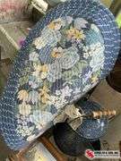 Blue flowered kitchen rug, enamel coffee pot, farm scenery picture, quilted placemats,the coupe chic