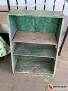 Green rustic shelf with four shelves measure 33 inches tall and 24 3/4 inches long￼ and 16 inch dept