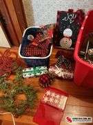 tote with ornaments- wreaths-plaid bows- and other fun things ￼