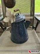 Blue flowered kitchen rug, enamel coffee pot, farm scenery picture, quilted placemats,the coupe chic