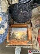 Blue flowered kitchen rug, enamel coffee pot, farm scenery picture, quilted placemats,the coupe chic