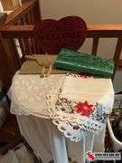 Place mats- dolies- holiday tablecloths- table runners- round table with coverings and glass (20”X 2