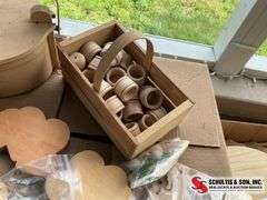 Wooden box with lid, berry box, napkin, rings, hearts, and different shape shapes for painting