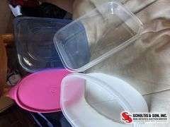 Large tote with plastic containers and storage basket