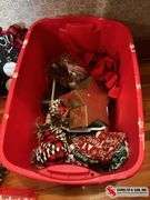tote with ornaments- wreaths-plaid bows- and other fun things ￼