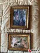 Two cottage style pictures with antique gold frames