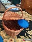 Wicker basket, plates..