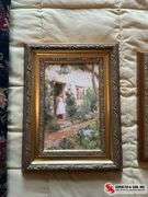 Two cottage style pictures with antique gold frames