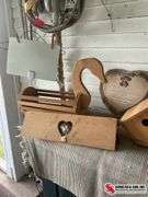 ￼ wood pieces that look like a birdhouse- letter holder- shelf- holder with a duck head and etc that