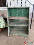 Green rustic shelf with four shelves measure 33 inches tall and 24 3/4 inches long￼ and 16 inch dept