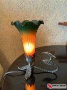 Antique grass desk, lamp with hummingbird and Amber green Lilly lily  shade 8 inches tall