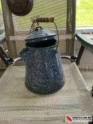 Blue flowered kitchen rug, enamel coffee pot, farm scenery picture, quilted placemats,the coupe chic