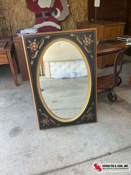 Ethan Allen Hitchcock style oval wall mirror with black and gold frame (24”W X 36”L)