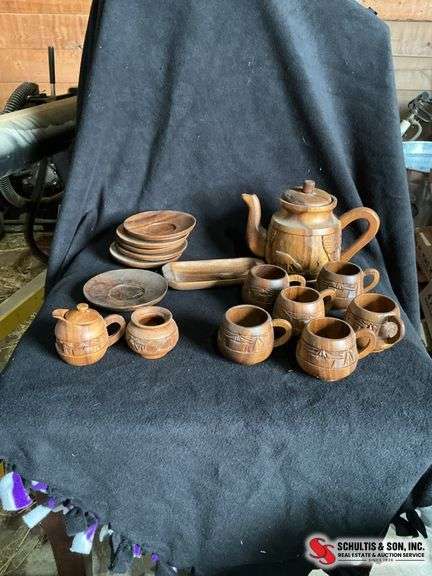 hand carved wooden tea set