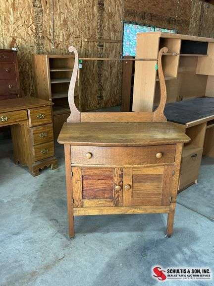 wash stand with towel bar (32”W X 17”D X up to towel bar 52”H)