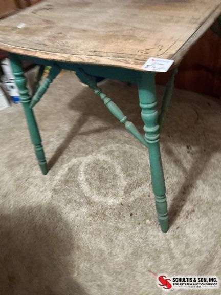 Antique oak kitchen table  legs painted green